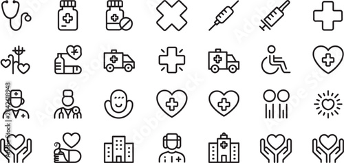 Schilderij op canvas Medical Icons Set with Black Linear Style for Healthcare, Hospital, and Emergency Care Illustrations