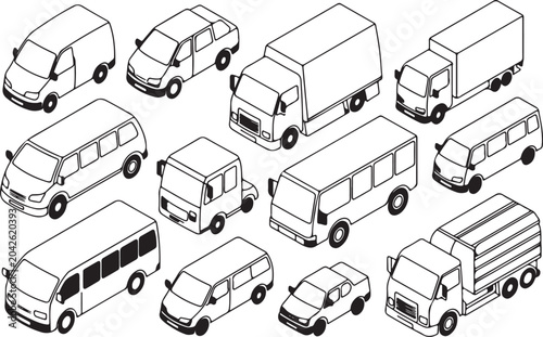 Isometric drawing diverse transportation, various cargo, passenger vehicles collection.