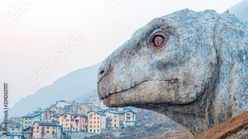 Dinosaur sculpture overlooks a small town in mountain landscape at sunset