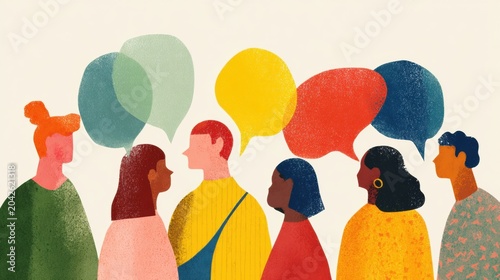 Group of people talking with speech bubbles in colorful design setting