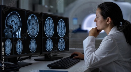 Doctor analyzing brain MRI scans on multiple monitors