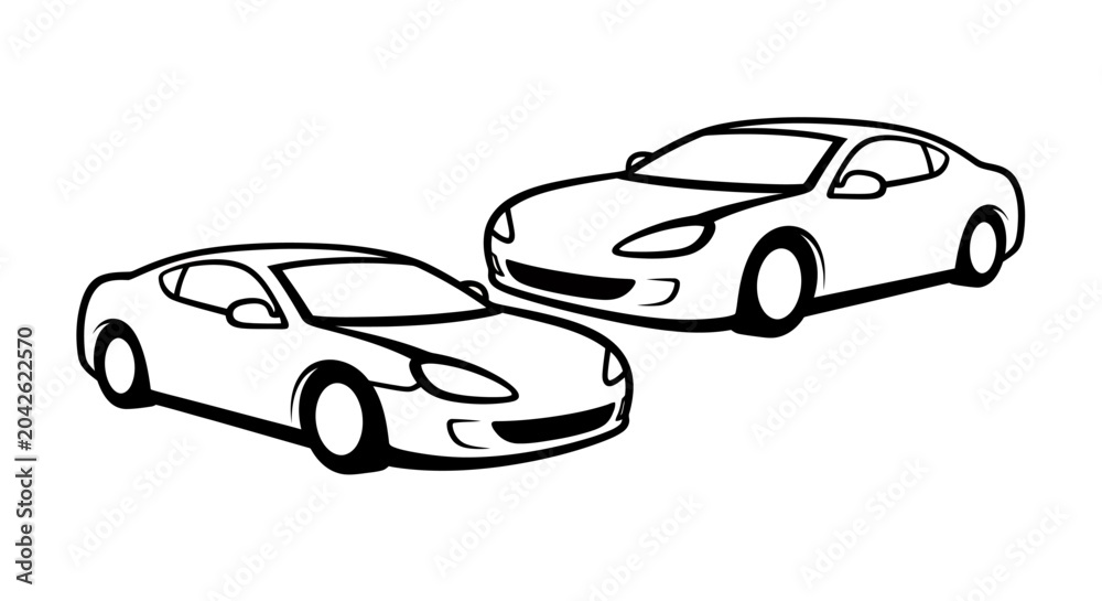 Obraz premium Two illustrated sports cars with sleek shapes and dynamic lines on white background.