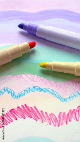 Artistic Background Featuring Colorful Felt Tip Markers and Abstract Hand Drawn Wavy Lines on Pastel Paper