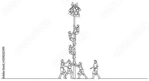 Schilderij op canvas Teamwork climbing pole, human tower, cultural performance, unity, achievement, s