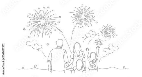 Family Watching Fireworks Display, Celebration, Joyful Moment, Outdoor Event, Line Art
