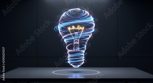 A glowing lightbulb made of swirling blue and purple particles creates a creative digital innovation concept for modern business technology