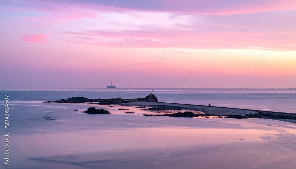 Obraz premium A tranquil seascape displays a sandbar leading to a small island under a pastel sky