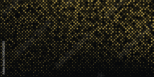 Abstract luxury flag with gold glittering dots on a black background. Sparkling glitter bottom border, vector frame. Halftone effect. Vector illustration art