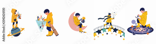 Tableau sur toile Set of whimsical illustrations featuring children in yellow raincoats exploring space, interacting with stars, planets, and galaxies in an imaginative celestial adventure
