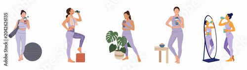 Fotografie Collection of flat illustrations showing a woman in purple sportswear practicing fitness, hydrating, and maintaining a healthy lifestyle