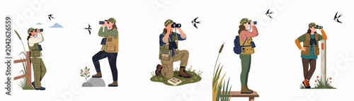 Fotografie Flat Vector Illustrations Set of a Woman Birdwatching Outdoors Wearing a Vest an