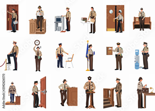 Photos Set of diverse courtroom bailiffs and sheriffs performing various duties and security tasks in a judicial environment, flat vector illustration on white background
