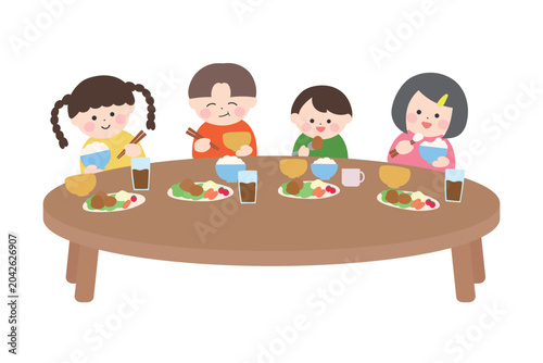 子どもたちのかわいい食事風景｜フラットなイラスト