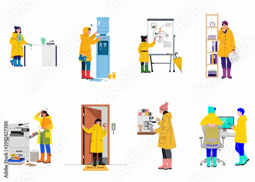 Bild auf Leinwand Business professionals in yellow raincoats performing various office tasks in a conceptual illustration of a rainy workday environment