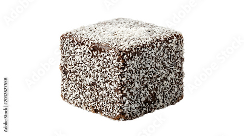 Australian lamington sponge cake square coated in rich dark chocolate and desiccated coconut isolated on a transparent background for premium bakery dessert menus and graphic design.