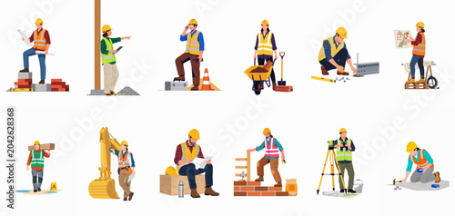 Photos Set of male and female construction workers in safety gear performing various on-site tasks like surveying, bricklaying, and planning, vector illustration