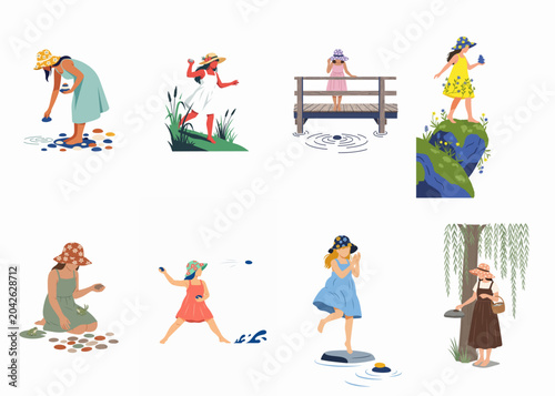 Vector collection featuring girls and women engaged in summer activities like skipping stones, balancing pebbles, and exploring nature near the water.