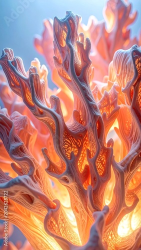 Vibrant organic formations glow with an ethereal light, showcasing intricate biological patterns and delicate otherworldly beauty within an abstract underwater realm