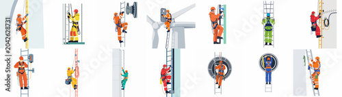 Schilderij op canvas Illustrations of industrial technicians using safety gear and harnesses to climb and maintain wind turbines, communication towers, and high-altitude structures