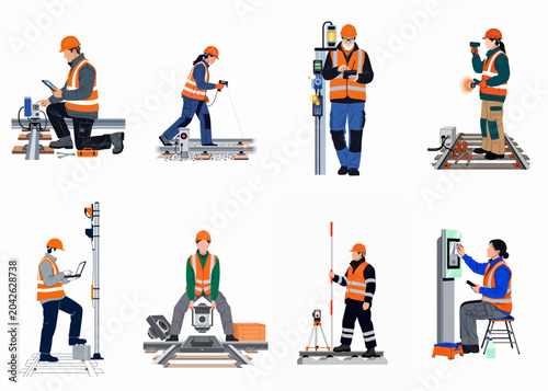 Set of illustrations depicting diverse railway maintenance workers using advanced technology and tools for inspection, repair, and infrastructure management on a white background.