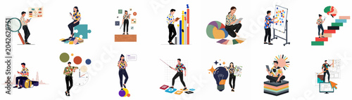 A comprehensive collection of vector illustrations featuring diverse professionals engaged in creative tasks, business strategy, data analysis, and project management activities.