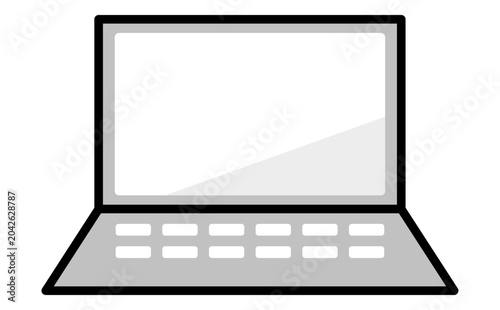 ノートパソコンの白黒アイコン。モノクロのPCが開いた状態のイラスト。