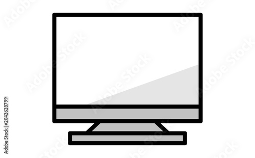 デスクトップパソコンの白黒アイコンイラストでモノクロの液晶モニターのPC