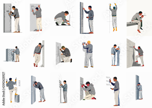 фотографія Illustrations of a prisoner in various poses counting days with tally marks on walls, symbolizing time passing, confinement, and the struggle of incarceration