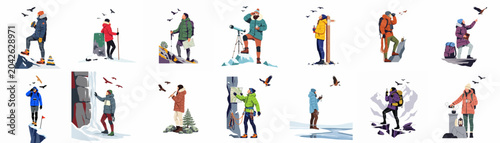 Set of flat vector illustrations depicting people in winter gear engaged in mountain activities like hiking, climbing, bird watching, and exploring snowy landscapes.