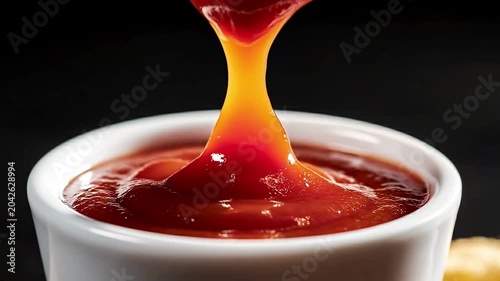 Crispy golden potato fry dipped deep into a small white ceramic bowl of rich red tomato ketchup against a dark black background showcasing the delicious texture and vibrant colors of this popular fast