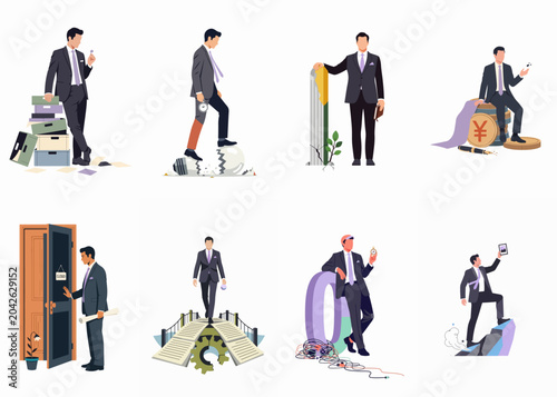 Photos A collection of eight conceptual business illustrations featuring a businessman in various metaphorical scenarios related to success, failure, finance, and professional growth