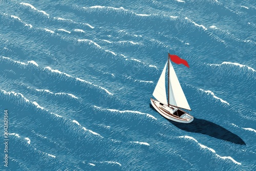 Single White Sailboat With Red Flag Sailing On Turquoise Ocean Waves Under Clear Sky
