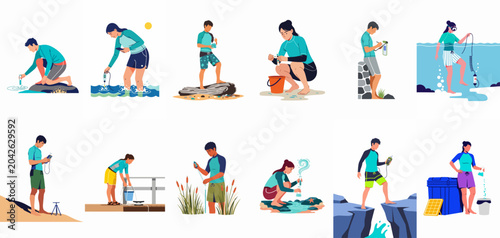 Foto Set of illustrations depicting marine biologists and environmental scientists conducting field research, water quality testing, and sample collection in various coastal environments