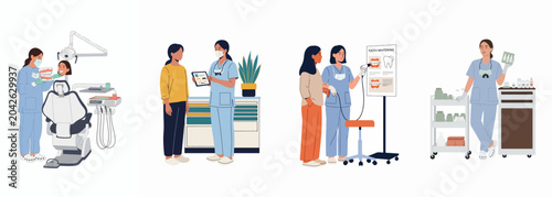 Set of dental clinic illustrations showing dentist-patient interactions, tooth whitening explanation, consultation, and professional dental equipment in flat design style.