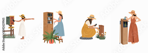 Photos Illustrations of women practicing digital detox by putting their smartphones away in lockers and boxes to disconnect and relax