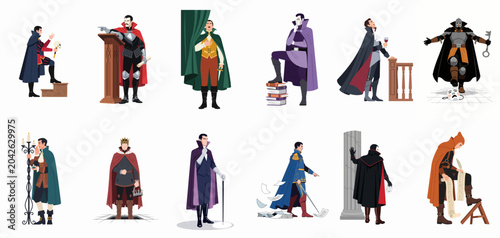 Fotografija Collection of Twelve Dramatic Male Character Illustrations in Historical and Theatrical Costumes, Featuring Actors, Villains, and Aristocrats for Creative Projects