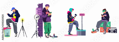 Vector illustration of Gen Z content creators, influencers, and bloggers using smartphones, ring lights, and cameras for social media streaming and filming.