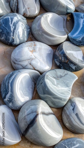 Smooth, polished stones with swirling gray and white patterns, showcasing natural beauty and tactile appeal