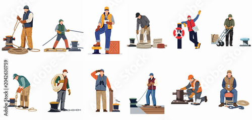 Foto Set of flat vector illustrations featuring diverse port workers and sailors performing various maritime tasks like mooring, maintenance, and logistics at a dock