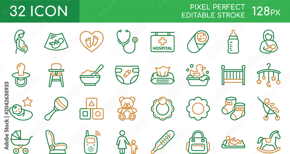 Naklejka premium Baby Care and Newborn Parenting Editable Stroke Icon Set for Child Health App and Website Design