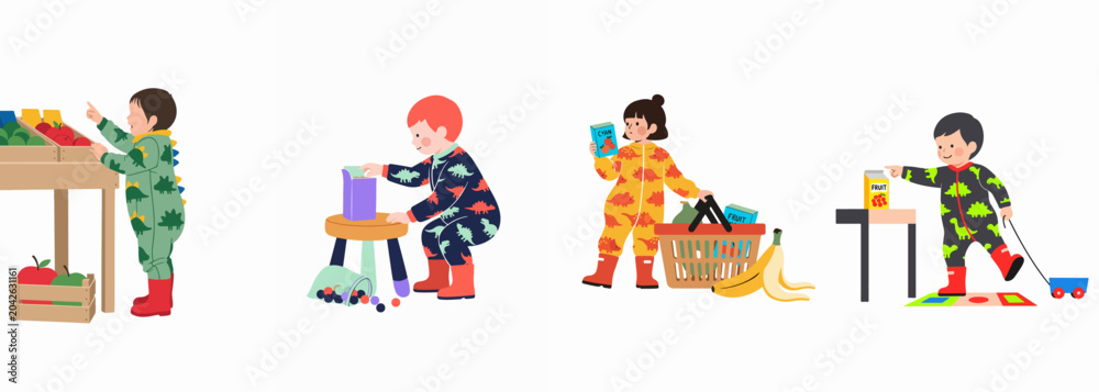 Fototapeta premium Set of illustrations depicting toddlers in dinosaur-themed pajamas shopping for groceries, including fruit and juice, in a cute flat cartoon style.
