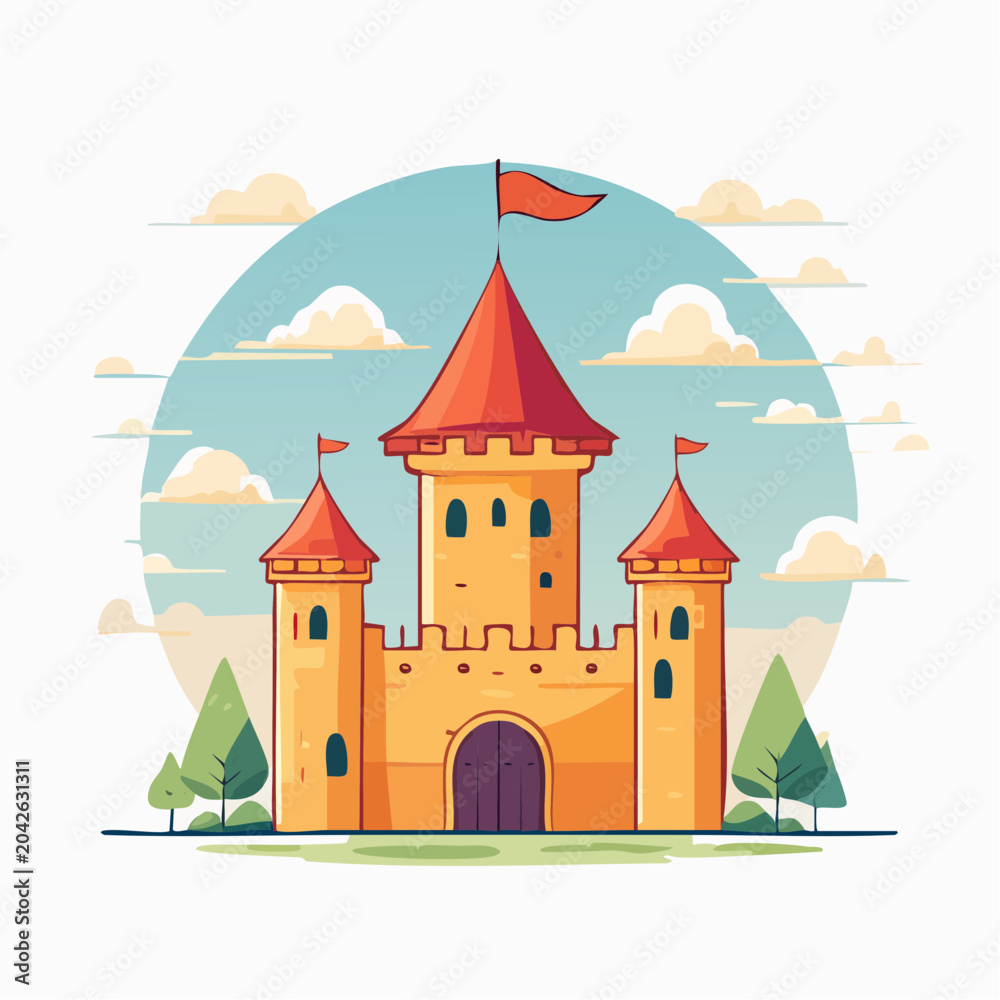 Naklejka premium Cartoon Castle with Red Towers and Flags