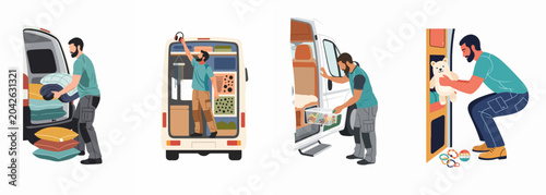Set of illustrations featuring a man packing and organizing a camper van for travel, showcasing storage solutions and van life lifestyle.