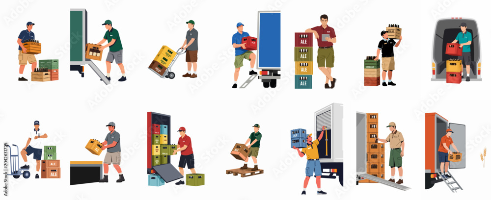 Fototapeta premium Set of illustrations depicting delivery men loading and unloading crates of beer and ale from trucks and vans, showcasing various transport and logistics scenarios.