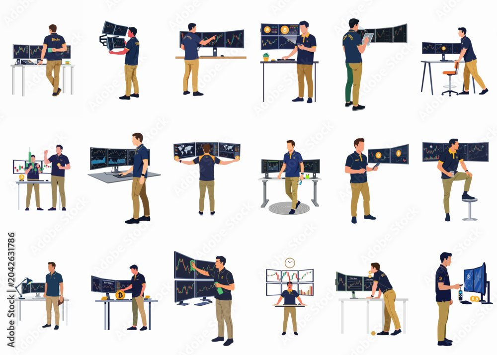 Fototapeta premium Set of professional male cryptocurrency trader illustrations working at workstations with multiple monitors, analyzing financial charts and Bitcoin market data.