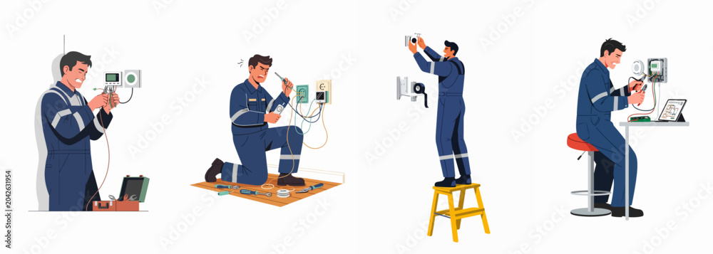 Fototapeta premium Professional Electrician Character Set Performing Electrical Repairs and Installations