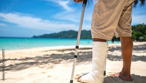 Injured person with leg cast and crutches walking on a sunny tropical beach during vacation