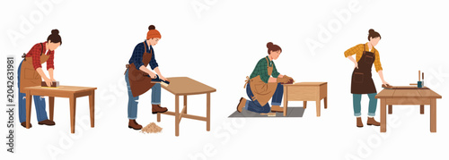 Tableau sur toile Set of Flat Vector Illustrations Featuring Female Carpenters and Woodworkers San