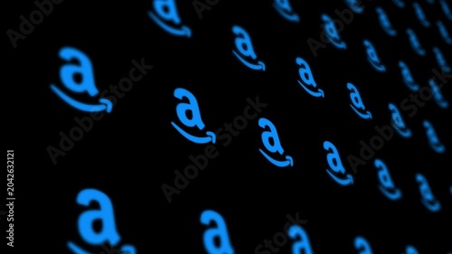 Glowing blue Amazon company logo icons in a digital grid background, editorial only
