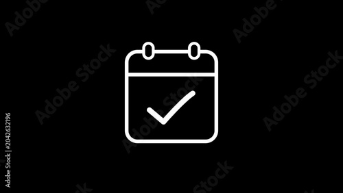 White outline calendar icon with checkmark on black background tick